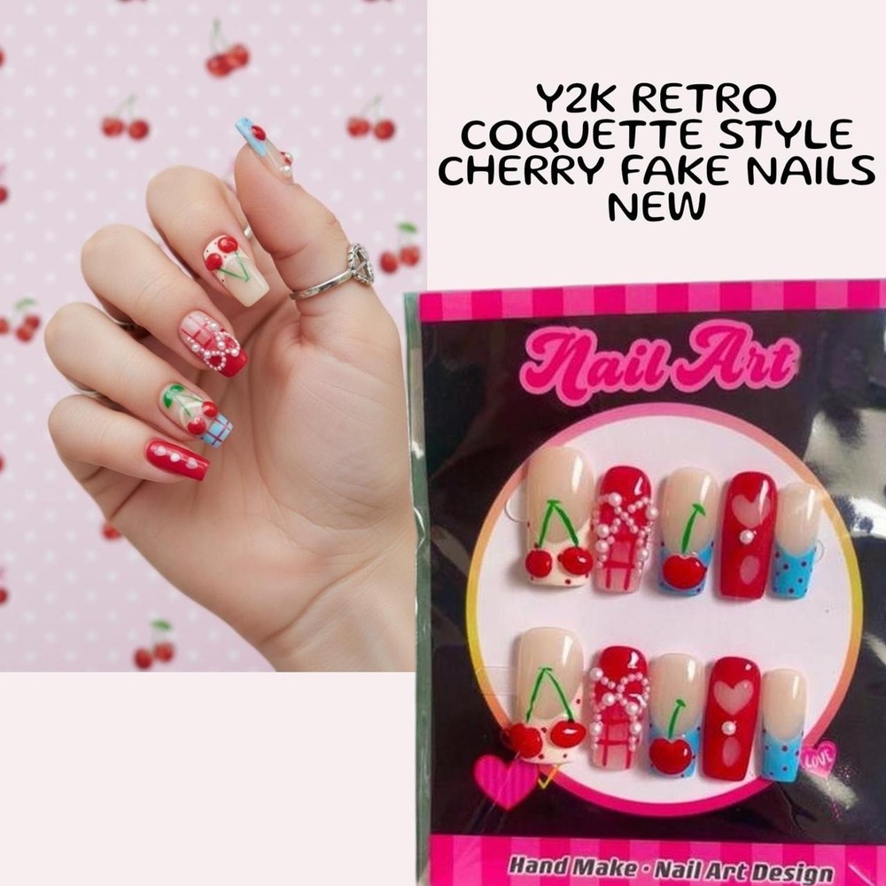 Y2K RETRO‎ HANDMADE CHERRY PRESS ON FAKE NAILS SMALL NEW